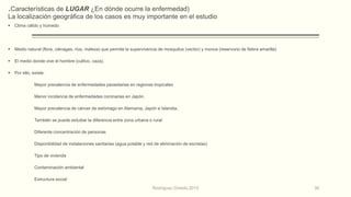 .Características de LUGAR ¿En dónde ocurre la enfermedad)
La localización geográfica de los casos es muy importante en el estudio
 Clima cálido y húmedo
 Medio natural (flora, ciénagas, ríos, maleza) que permite la supervivencia de mosquitos (vector) y monos (reservorio de fiebre amarilla)
 El medio donde vive el hombre (cultivo, caza).
 Por ello, existe:
Mayor prevalencia de enfermedades parasitarias en regiones tropicales
Menor incidencia de enfermedades coronarias en Japón.
Mayor prevalencia de cáncer de estómago en Alemania, Japón e Islandia.
También se puede estudiar la diferencia entre zona urbana o rural:
Diferente concentración de personas
Disponibilidad de instalaciones sanitarias (agua potable y red de eliminación de excretas)
Tipo de vivienda
Contaminación ambiental
Estructura social
Rodríguez Oviedo,2015 30
 