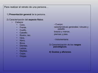 Para realizar el retrato de una persona…


  1) Presentación general de la persona.

  2) Caracterización del aspecto físico:
       – Cabeza:
            • Cara.                            - Cuerpo:
            • Frente.                          características generales: robusto y
            • Cuello.                              esbelto
            • Cabello.                         brazos y manos.
            • Rostro, tez.                     piernas y pies.
            • Ojos.
            • Nariz.                           - Indumentaria:
            • Boca.
            • Dientes.                     3) Caracterización de los rasgos
                                               psicológicos.
            • Labios.
            • Mejillas.
                                           4) Gustos y aficiones.
            • Cejas.
            • Orejas.
 