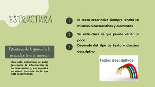 El texto descriptivo siempre tendrá las
mismas características y elementos
1
Su estructura sí que puede variar un
poco
2
Depende del tipo de texto o discurso
descriptivo
3
ESTRUCTURA
Estructura de lo general a lo
particular (o a la inversa):
Con esta estructura el autor
jerarquiza la información de
su descripción y, así, muestra
su visión concreta de lo que
está presentando.
 