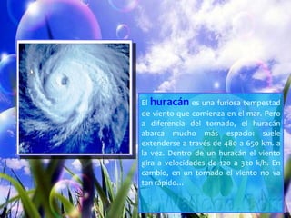 El  huracán  es una furiosa tempestad de viento que comienza en el mar. Pero a diferencia del tornado, el huracán abarca mucho más espacio: suele extenderse a través de 480 a 650 km. a la vez. Dentro de un huracán el viento gira a velocidades de 120 a 320 k/h. En cambio, en un tornado el viento no va tan rápido… 