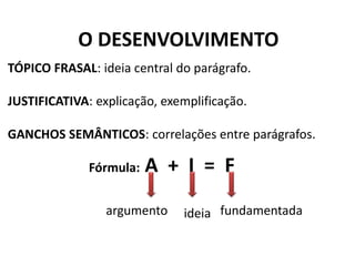 O DESENVOLVIMENTO
TÓPICO FRASAL: ideia central do parágrafo.
JUSTIFICATIVA: explicação, exemplificação.

GANCHOS SEMÂNTICOS: correlações entre parágrafos.
Fórmula:

A + I = F

argumento

ideia fundamentada

 
