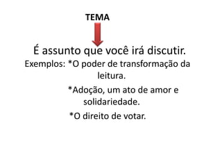TEMA

É assunto que você irá discutir.
Exemplos: *O poder de transformação da
leitura.
*Adoção, um ato de amor e
solidariedade.
*O direito de votar.

 