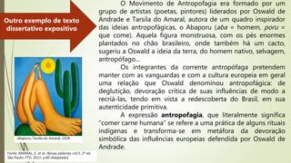 O Movimento de Antropofagia era formado por um
grupo de artistas (poetas, pintores) liderados por Oswald de
Andrade e Tarsila do Amaral, autora de um quadro inspirador
das ideias antropofágicas, o Abaporu (aba = homem, poru =
que come). Aquela figura monstruosa, com os pés enormes
plantados no chão brasileiro, onde também há um cacto,
sugeriu a Oswald a ideia da terra, do homem nativo, selvagem,
antropófago...
Os integrantes da corrente antropófaga pretendem
manter com as vanguardas e com a cultura europeia em geral
uma relação que Oswald denominou antropofágica: de
deglutição, devoração crítica de suas influências de modo a
recriá-las, tendo em vista a redescoberta do Brasil, em sua
autenticidade primitiva.
A expressão antropofagia, que literalmente significa
“comer carne humana” se refere a uma prática de alguns rituais
indígenas e transforma-se em metáfora da devoração
simbólica das influências europeias defendida por Oswald de
Andrade.
Outro exemplo de texto
dissertativo expositivo
Fonte: AMARAL, E. et al. Novas palavras, vol.3, 2ª ed.
São Paulo: FTD, 2013. p.60 (Adaptado)
Abaporu, Tarsila do Amaral, 1928.
 