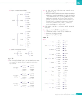 Solucionario Unidad 4
Unidad
4
393
Solucionario Texto del Estudiante • Unidad 4
b.	Hay 18 combinaciones posibles.
Grande
Naranja
Mango
Manzana
Amarillo
Amarillo
Amarillo
Rojo
Rojo
Rojo
Verde
Verde
Verde
Pequeño
Naranja
Mango
Manzana
Amarillo
Amarillo
Amarillo
Rojo
Rojo
Rojo
Verde
Verde
Verde
c.	 Hay 6 combinaciones posibles.
Azul
Roja
Negra
Violeta
Verde
Roja
Negra
Violeta
Página 196
4.	 Hay solo 6 posibilidades porque una vez ingresado un sobre
a un buzón solo quedan dos para repartir entre los otros
dos buzones.
Buzón Celeste
Carta Celeste
Buzón Rojo
Carta Roja
BuzónVerde
CartaVerde
Buzón Rojo
CartaVerde
BuzónVerde
Carta Roja
Buzón Celeste
Carta Roja
Buzón Rojo
Carta Celeste
BuzónVerde
CartaVerde
Buzón Rojo
CartaVerde
BuzónVerde
Carta Celeste
Buzón Celeste
CartaVerde
Buzón Rojo
Carta Celeste
BuzónVerde
Carta Roja
Buzón Rojo
Carta Roja
BuzónVerde
Carta Celeste
5.  a.	 {(R, A); (R, V); (R, B); (A, R); (A, V); (A, B); (B1, A); (B1, R); (B1, B);
(B2, R); (B2, V); (B2, A)}
b.	Respuesta variada. A continuación se muestra un ejemplo.
Una persona tiene una camisa roja, una azul y dos blancas,
y también tiene pantalones azules, rojos, blancos y verdes.
Si la persona no puede usar el mismo color de camisa y
pantalón, excepto si es la primera camisa blanca, la cual
sí puede utilizar con el pantalón blanco, pero no puede
usarla con el pantalón verde, ¿cuál es la cantidad de
combinaciones que tiene para vestirse?
6.	 Andrés puede estar 24 meses sin repetir su clave de cuenta
de ahorros.
7.  a.	 Se pueden formar 5 040 mensajes diferentes.
b.	120 mensajes pueden cumplir con esa configuración.
c.	 Se pueden formar 840 mensajes.
d.	Se pueden formar 343 mensajes.
Página 197
8.  a.	
Fabián
Diego
Boris
Mauricio
Boris Mauricio
Mauricio Boris
Diego Mauricio
Mauricio Diego
Diego Boris
Boris Diego
Diego
Fabián
Boris
Mauricio
Boris Mauricio
Mauricio Boris
Mauricio Fabián
Fabián Mauricio
Boris Fabián
Fabián Boris
Boris
Diego
Fabián
Mauricio
Fabián Mauricio
Mauricio Fabián
Diego Mauricio
Mauricio Diego
Fabián Diego
Diego Fabián
Mauricio
Diego
Fabián
Boris
Fabián Boris
Boris Fabián
Diego Boris
Boris Diego
Fabián Diego
Diego Fabián
CL0000000001141 MATE_8B_GDD_U4_MF_5836.indd 393 1/8/2020 12:17:21 PM
 