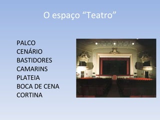 O espaço “Teatro” PALCO CENÁRIO BASTIDORES CAMARINS PLATEIA BOCA DE CENA CORTINA 