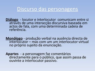 Diálogo   - locutor e interlocutor  comunicam entre si através de uma interacção discursiva baseada em actos de fala, com uma determinada cadeia de referência. Monólogo  - produção verbal na ausência directa de interlocutor – mas com um um interlocutor virtual no próprio sujeito da enunciação. Apartes   - a personagem faz comentários  directamente para o público, que assim passa de ouvinte a interlocutor passivo. Discurso das personagens 