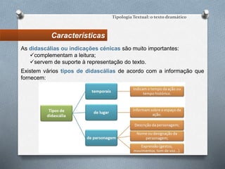 Características
Tipologia Textual: o texto dramático
As didascálias ou indicações cénicas são muito importantes:
complementam a leitura;
servem de suporte à representação do texto.
Existem vários tipos de didascálias de acordo com a informação que
fornecem:
 