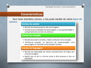 Características
Tipologia Textual: o texto dramático
Num texto dramático cómico, o riso pode resultar de vários tipos de
cómico:
 