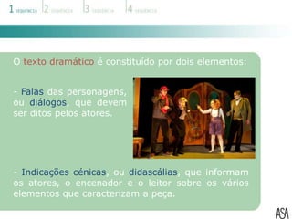 O texto dramático é constituído por dois elementos:


- Falas das personagens,
ou diálogos, que devem
ser ditos pelos atores.




- Indicações cénicas, ou didascálias, que informam
os atores, o encenador e o leitor sobre os vários
elementos que caracterizam a peça.
 