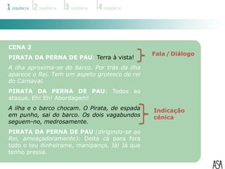 CENA 2
                                                Fala / Diálogo
PIRATA DA PERNA DE PAU: Terra à vista!
A ilha aproxima-se do barco. Por trás da ilha
aparece o Rei. Tem um aspeto grotesco de rei
do Carnaval.
PIRATA DA PERNA DE PAU: Todos ao
ataque. Eh! Eh! Abordagem!
A ilha e o barco chocam. O Pirata, de espada    Indicação
em punho, sai do barco. Os dois vagabundos      cénica
seguem-no, medrosamente.
PIRATA DA PERNA DE PAU (dirigindo-se ao
Rei, ameaçadoramente): Deita cá para fora
todo o teu dinheirame, manipanço. Já! Já que
tenho pressa.
 