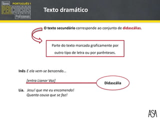 O texto secundário corresponde ao conjunto de didascálias.
Parte do texto marcada graficamente por
outro tipo de letra ou por parênteses.
Inês E ela vem-se benzendo...
[entra Lianor Vaz]
Lia. Jesu! que me eu encomendo!
Quanta cousa que se faz!
Didascália
Texto dramático
 