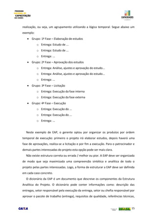 15
realização, ou seja, um agrupamento utilizando a lógica temporal. Segue abaixo um
exemplo:
 Grupo: 1ª Fase – Elaboração de estudos
o Entrega: Estudo de ...
o Entrega: Estudo de ...
o Entrega: ...
 Grupo: 2ª Fase – Aprovação dos estudos
o Entrega: Análise, ajustes e aprovação do estudo...
o Entrega: Análise, ajustes e aprovação do estudo...
o Entrega: ...
 Grupo: 3ª Fase – Licitação
o Entrega: Execução da fase interna
o Entrega: Execução da fase externa
 Grupo: 4ª Fase – Execução
o Entrega: Execução do ...
o Entrega: Execução do ...
o Entrega: ...
Neste exemplo de EAP, o gerente optou por organizar os produtos por ordem
temporal de execução: primeiro o projeto irá elaborar estudos, depois haverá uma
fase de aprovações, realiza-se a licitação e por fim a execução. Para o patrocinador e
demais partes interessadas do projeto esta opção pode ser mais clara.
Não existe estrutura correta ou errada / melhor ou pior. A EAP deve ser organizada
de modo que seja maximizada uma compreensão sintética e analítica de todo o
projeto pelas partes interessadas. Logo, a forma de estruturar a EAP deve ser definida
em cada caso concreto.
O dicionário da EAP é um documento que descreve os componentes da Estrutura
Analítica do Projeto. O dicionário pode conter informações como: descrição das
entregas, setor responsável pela execução da entrega, setor ou chefia responsável por
aprovar o pacote de trabalho (entrega), requisitos de qualidade, referências técnicas,
 