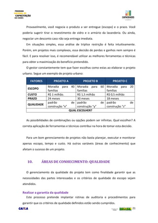 21
Provavelmente, você negocia o produto a ser entregue (escopo) e o prazo. Você
poderia sugerir tirar o revestimento de vidro e o armário da lavanderia. Ou ainda,
negociar um desconto caso não seja entrega imediata.
Em situações simples, essa análise de tríplice restrição é feita intuitivamente.
Porém, em projetos mais complexos, essa decisão de perdas e ganhos nem sempre é
fácil. E para resolver isso, é recomendável utilizar as melhores ferramentas e técnicas
para obter a maximização do benefício pretendido.
O gestor constantemente tem que fazer escolhas como estas ao elaborar o projeto
urbano. Segue um exemplo de projeto urbano:
FATORES PROJETO A PROJETO B PROJETO C
ESCOPO
Moradia para 40
famílias
Moradia para 60
famílias
Moradia para 20
famílias
CUSTO R$ 1 milhão. R$ 1,5 milhão R$ 0,5 milhão
PRAZO 24 meses 30 meses 18 meses
QUALIDADE
padrão de
construção “x”
padrão de
construção “y”
padrão de
construção “z”
QUAL ESCOLHER?
As possibilidades de combinações ou opções podem ser infinitas. Qual escolher? A
correta aplicação de ferramentas e técnicas contribui na hora de tomar esta decisão.
Para um bom gerenciamento de projetos não basta planejar, executar e monitorar
apenas escopo, tempo e custo. Há outras variáveis (áreas de conhecimento) que
afetam o sucesso de um projeto.
10. ÁREAS DE CONHECIMENTO: QUALIDADE
O gerenciamento da qualidade do projeto tem como finalidade garantir que as
necessidades das partes interessadas e os critérios de qualidade do escopo sejam
atendidos.
Realizar a garantia da qualidade
Este processo pretende implantar rotinas de auditoria e procedimentos para
garantir que os critérios de qualidade definidos estão sendo cumpridos.
 