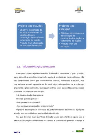 14
2.1. INÍCIO/CONCEPÇÃO DO PROJETO
Para que o projeto seja bem-sucedido, é necessário transformar o que a princípio
surge como ideia, em algo mensurável e sujeito à prestação de contas, algo que não
seja condicionado apenas por conhecimentos técnicos, habilidades e recursos, mas
que satisfaça as reais necessidades do município e seja concluído de acordo com
orçamento e prazo estimados. Isso requer controle sobre as questões como pessoal,
qualidade, orçamento e comunicação.
1.1 - Caracterização do problema:
Principal questão: por quê?
- Por que executar o projeto?
- Por que deve ser aprovado e implementado?
O projeto deve expressar a intenção do gestor em realizar determinada ação para
atender uma necessidade ou oportunidade identificada.
Por que devemos fazer isso? Essa definição servirá como fonte de apoio para a
execução do projeto aumentando sua adesão e credibilidade perante a equipe e
Projeto tipo estudos
•Objetivo: elaboração de
estudos preliminares de
viabilidade para
construção de estação de
tratamento de esgoto.
•Produto final: elaboração
de proposta de trabalho.
Projetos tipo
execução
•Objetivo: gerenciamento
da execução da
construção de estação de
tratamento de esgoto.
•Produto final: ETE
entregue.
 