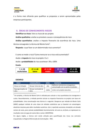 48
é a forma mais eficiente para qualificar as propostas a serem apresentadas pelas
empresas participantes.
9. ÁREAS DE CONHECIMENTO: RISCOS
Identificar os riscos: liste os riscos de seu projeto
Análise qualitativa: analise as prováveis causas e consequências do risco
Análise quantitativa: analise o impacto financeiro da ocorrência do risco. Uma
técnica consagrada é a técnica de Monte Carlo1
.
Resposta: o que fazer se um determinado risco aumentar?
E como se mede o risco? Como mensurar se o risco está aumentado?
Avalie o impacto do risco no projeto: 0 a 1
Avalie a probabilidade do risco acontecer: 0% a 100%
Escala:
EXEMPLO
RISCO CONSEQUÊNCIA NÍVEL RESPOSTA
Atraso na licitação Atrasar início da obra alto
Melhorar controle do cronograma e
comunicação com as partes envolvidas
Reprogramações da
obra
Atrasar conclusão da
obra
médio Licitar com projeto executivo
1
Em projetos, a técnica de Monte Carlo é utilizada para calcular o risco quantitativo do cronograma e
custos. Resumidamente, o método permite calcular os impactos financeiros no projeto com base em
probabilidades. Uma conceituação mais técnica é a seguinte: Designa-se por método de Monte Carlo
(MMC) qualquer método de uma classe de métodos estatísticos que se baseiam em amostragens
aleatórias massivas para obter resultados numéricos. Isto é, repetindo sucessivas simulações um elevado
número de vezes, para calcular probabilidades heuristicamente, tal como se, de facto, se registassem os
resultados reais em jogos de casino (daí o nome). (WIKIPÉDIA).
Em alguns órgãos, a técnica vem sendo utilizada para quantificação dos riscos nos contratos
enquadrados no Regime Diferenciado de Contratações – RDC.
 
