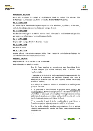 9
Decreto nº 6.949/2009
Ratificação brasileira da Convenção Internacional sobre os Direitos das Pessoas com
Deficiência e seu Protocolo Facultativo com status de Emenda Constitucional.
Lei nº 10.048/2000
Dá prioridade de atendimento às pessoas portadoras de deficiência, aos idosos, às gestantes,
as lactantes e às pessoas acompanhadas por crianças de colo.
Lei nº 10.098/2000
Estabelece normas gerais e critérios básicos para a promoção da acessibilidade das pessoas
portadoras de deficiência ou com mobilidade reduzida.
Lei nº 10.436/2002:
Dispõe sobre a Língua Brasileira de Sinais – Libras.
Lei nº 10.741/2003:
Estatuto do Idoso.
Lei nº 11.977/2009
Dispõe sobre o Programa Minha Casa, Minha Vida – PMCMV e a regularização fundiária de
assentamentos localizados em áreas urbanas.
Decreto 5.296/2004
Regulamenta as Leis nº 10.048/2000 e 10.098/2000.
Destaques para os seguintes artigos:
Art. 2º. Ficam sujeitos ao cumprimento das disposições deste
Decreto, sempre que houver interação com a matéria nele
regulamentada:
I - a aprovação de projeto de natureza arquitetônica e urbanística, de
comunicação e informação, de transporte coletivo, bem como a
execução de qualquer tipo de obra, quando tenham destinação
pública ou coletiva;
II - a outorga de concessão, permissão, autorização ou habilitação de
qualquer natureza;
III - a aprovação de financiamento de projetos com a utilização de
recursos públicos, dentre eles os projetos de natureza arquitetônica e
urbanística, os tocantes à comunicação e informação e os referentes
ao transporte coletivo, por meio de qualquer instrumento, tais como
convênio, acordo, ajuste, contrato ou similar; e
IV - a concessão de aval da União na obtenção de empréstimos e
financiamentos internacionais por entes públicos ou privados.
Art. 3º. Serão aplicadas sanções administrativas, cíveis e penais
cabíveis, previstas em lei, quando não forem observadas as normas
deste Decreto.
(...)
 