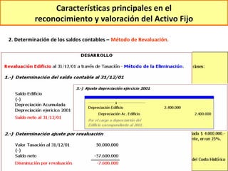 Características principales en el
          reconocimiento y valoración del Activo Fijo

2. Determinación de los saldos contables – Método de Revaluación.
 