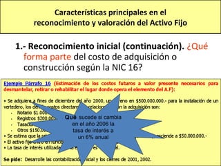 Características principales en el
    reconocimiento y valoración del Activo Fijo

1.- Reconocimiento inicial (continuación). ¿Qué
  forma parte del costo de adquisición o
  construcción según la NIC 16?



            Qué sucede si cambia
              en el año 2006 la
              tasa de interés a
                un 6% anual
 