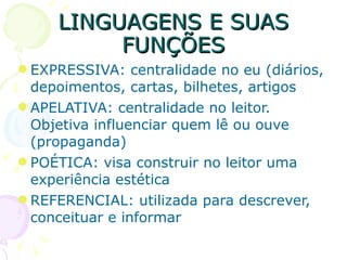 LINGUAGENS E SUAS FUNÇÕES EXPRESSIVA: centralidade no eu (diários, depoimentos, cartas, bilhetes, artigos APELATIVA: centralidade no leitor. Objetiva influenciar quem lê ou ouve (propaganda)‏ POÉTICA: visa construir no leitor uma experiência estética REFERENCIAL: utilizada para descrever, conceituar e informar 
