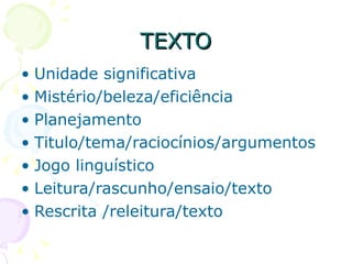 TEXTO Unidade significativa Mistério/beleza/eficiência  Planejamento Titulo/tema/raciocínios/argumentos Jogo linguístico Leitura/rascunho/ensaio/texto Rescrita /releitura/texto 