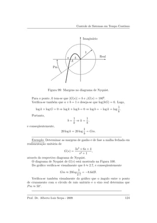 Controle de Sistemas em Tempo Cont´ınuo
Real
Imagin´ario
a b
A
1
Pm
Figura 99: Margens no diagrama de Nyquist.
Para o ponto A tem-se que |G(s)| = b e G(s) = 1800
.
Veriﬁca-se tamb´em que a + b = 1 e deseja-se que log(kG) = 0. Logo,
log k + log G = 0 ⇒ log k + log b = 0 ⇒ log b = − log k = log
1
k
.
Portanto,
b =
1
k
⇒ k =
1
b
.
e conseq¨uentemente,
20 log k = 20 log
1
b
= Gm.
Exemplo: Determinar as margens de ganho e de fase a malha fechada em
realimenta¸c˜ao unit´aria de
G(s) =
3s2
+ 6s + 4
s3 + 1
,
atrav´es do respectivo diagrama de Nyquist.
O diagrama de Nyquist de G(s) est´a mostrado na Figura 100.
Do gr´aﬁco veriﬁca-se visualmente que b ≈ 2.7, e conseq¨uentemente
Gm ≈ 20log
1
2.7
= −8.6dB.
Veriﬁca-se tamb´em visualmente do gr´aﬁco que o ˆangulo entre o ponto
de cruzamento com o c´ırculo de raio unit´ario e o eixo real determina que
Pm ≈ 50◦
.
Prof. Dr. Alberto Luiz Serpa - 2009 124
 