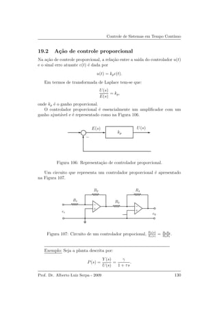 Controle de Sistemas em Tempo Cont´ınuo
19.2 A¸c˜ao de controle proporcional
Na a¸c˜ao de controle proporcional, a rela¸c˜ao entre a sa´ıda do controlador u(t)
e o sinal erro atuante e(t) ´e dada por
u(t) = kpe(t).
Em termos de transformada de Laplace tem-se que:
U(s)
E(s)
= kp,
onde kp ´e o ganho proporcional.
O controlador proporcional ´e essencialmente um ampliﬁcador com um
ganho ajust´avel e ´e representado como na Figura 106.
E(s) U(s)
kp
−
Figura 106: Representa¸c˜ao de controlador proporcional.
Um circuito que representa um controlador proporcional ´e apresentado
na Figura 107.
R1
R2
R3
R4
ei
e0
++
−−
Figura 107: Circuito de um controlador propocional, E0(s)
Ei(s)
= R4R2
R3R1
.
Exemplo: Seja a planta descrita por:
P(s) =
Y (s)
U(s)
=
γ
1 + τs
.
Prof. Dr. Alberto Luiz Serpa - 2009 130
 