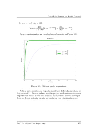 Controle de Sistemas em Tempo Cont´ınuo
2. γ = 1, τ = 1 e kp = 100:
y2(t) =
100
1 + 100
1 − e−(1+100)t
=
100
101
1 − e−101t
.
Estas respostas podem ser visualizadas graﬁcamente na Figura 109.
0 0.1 0.2 0.3 0.4 0.5 0.6
0
0.1
0.2
0.3
0.4
0.5
0.6
0.7
0.8
0.9
1
Step Response
Time (sec)
Amplitude
kp = 10
kp = 100
Figura 109: Efeito do ganho proporcional.
Nota-se que a ass´ıntota da resposta encontra-se deslocada em rela¸c˜ao ao
degrau unit´ario. Aumentando-se o ganho proporcional o sistema tem uma
resposta mais r´apida e com uma ass´ıntota mais pr´oxima daquela correspon-
dente ao degrau unit´ario, ou seja, apresenta um erro estacion´ario menor.
Prof. Dr. Alberto Luiz Serpa - 2009 132
 