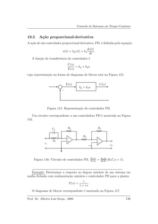 Controle de Sistemas em Tempo Cont´ınuo
19.5 A¸c˜ao proporcional-derivativa
A a¸c˜ao de um controlador proporcional-derivativo, PD, ´e deﬁnida pela equa¸c˜ao:
u(t) = kpe(t) + kd
de(t)
dt
.
A fun¸c˜ao de transferˆencia do controlador ´e
U(s)
E(s)
= kp + kds,
cuja representa¸c˜ao na forma de diagrama de blocos est´a na Figura 115.
E(s) U(s)
kp + kds
−
Figura 115: Representa¸c˜ao de controlador PD.
Um circuito correspondente a um controladore PD ´e mostrado na Figura
116.
R1
C1
R2
R3
R4
ei
e0
++
−−
Figura 116: Circuito de controlador PD, E0(s)
Ei(s)
= R4R2
R3R1
(R1C1s + 1).
Exemplo: Determinar a resposta ao degrau unit´ario de um sistema em
malha fechada com realimenta¸c˜ao unit´aria e controlador PD para a planta:
P(s) =
γ
1 + τs
.
O diagrama de blocos correspondente ´e mostrado na Figura 117.
Prof. Dr. Alberto Luiz Serpa - 2009 136
 