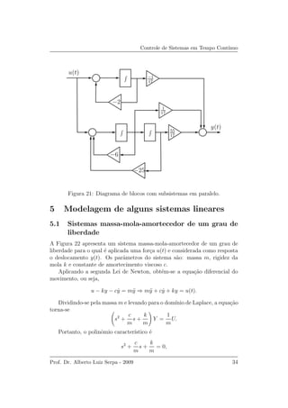 Controle de Sistemas em Tempo Cont´ınuo
u(t)
y(t)
−2
−6
−25
55
17
1
17
−1
17
Figura 21: Diagrama de blocos com subsistemas em paralelo.
5 Modelagem de alguns sistemas lineares
5.1 Sistemas massa-mola-amortecedor de um grau de
liberdade
A Figura 22 apresenta um sistema massa-mola-amortecedor de um grau de
liberdade para o qual ´e aplicada uma for¸ca u(t) e considerada como resposta
o deslocamento y(t). Os parˆametros do sistema s˜ao: massa m, rigidez da
mola k e constante de amortecimento viscoso c.
Aplicando a segunda Lei de Newton, obt´em-se a equa¸c˜ao diferencial do
movimento, ou seja,
u − ky − c ˙y = m¨y ⇒ m¨y + c ˙y + ky = u(t).
Dividindo-se pela massa m e levando para o dom´ınio de Laplace, a equa¸c˜ao
torna-se
s2
+
c
m
s +
k
m
Y =
1
m
U.
Portanto, o polinˆomio caracter´ıstico ´e
s2
+
c
m
s +
k
m
= 0,
Prof. Dr. Alberto Luiz Serpa - 2009 34
 