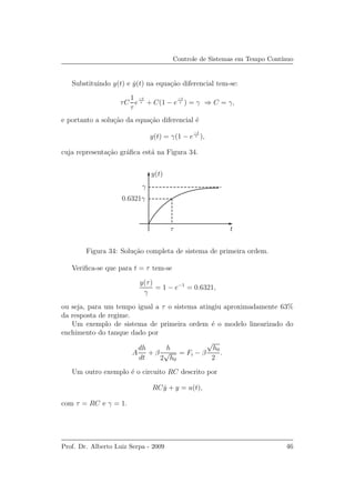 Controle de Sistemas em Tempo Cont´ınuo
Substituindo y(t) e ˙y(t) na equa¸c˜ao diferencial tem-se:
τC
1
τ
e
−t
τ + C(1 − e
−t
τ ) = γ ⇒ C = γ,
e portanto a solu¸c˜ao da equa¸c˜ao diferencial ´e
y(t) = γ(1 − e
−t
τ ),
cuja representa¸c˜ao gr´aﬁca est´a na Figura 34.
y(t)
tτ
0.6321γ
γ
Figura 34: Solu¸c˜ao completa de sistema de primeira ordem.
Veriﬁca-se que para t = τ tem-se
y(τ)
γ
= 1 − e−1
= 0.6321,
ou seja, para um tempo igual a τ o sistema atingiu aproximadamente 63%
da resposta de regime.
Um exemplo de sistema de primeira ordem ´e o modelo linearizado do
enchimento do tanque dado por
A
dh
dt
+ β
h
2
√
h0
= Fi − β
√
h0
2
.
Um outro exemplo ´e o circuito RC descrito por
RC ˙y + y = u(t),
com τ = RC e γ = 1.
Prof. Dr. Alberto Luiz Serpa - 2009 46
 