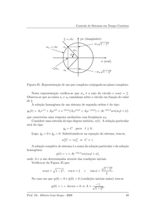 Controle de Sistemas em Tempo Cont´ınuo
wn = cte
ξ = cte
s1
s2
φ
wn
−ξwn
wn
√
1 − ξ2
−wn
√
1 − ξ2
σ (real)
jw (imagin´ario)
Figura 35: Representa¸c˜ao de um par complexo conjugado no plano complexo.
Nesta representa¸c˜ao veriﬁca-se que wn ´e o raio do c´ırculo e cosφ = ξ.
Observa-se que as ra´ızes s1 e s2 caminham sobre o c´ırculo em fun¸c˜ao do valor
de ξ.
A solu¸c˜ao homogˆenea de um sistema de segunda ordem ´e do tipo
yh(t) = A1es1t
+ A2es2t
= e−ξwnt
(A1ejwdt
+ A2e−jwdt
) = Ae−ξwnt
sen(wdt + φ),
que caracteriza uma resposta oscilat´oria com freq¨uˆencia wd.
Considere uma entrada do tipo degrau unit´ario, u(t). A solu¸c˜ao particular
ser´a do tipo
yp = C para t ≥ 0.
Logo, ˙yp = 0 e ¨yp = 0. Substituindo-se na equa¸c˜ao do sistema, tem-se,
w2
nC = γw2
n ⇒ C = γ.
A solu¸c˜ao completa do sistema ´e a soma da solu¸c˜ao particular e da solu¸c˜ao
homogˆenea:
y(t) = γ + Ae−ξwnt
sen(wdt + φ),
onde A e φ s˜ao determinados atrav´es das condi¸c˜oes iniciais.
Veriﬁca-se da Figura 35 que:
senφ = 1 − ξ2, cos φ = ξ e tan φ =
√
1 − ξ2
ξ
.
No caso em que y(0) = 0 e ˙y(0) = 0 (condi¸c˜oes iniciais nulas) tem-se
y(0) = γ + Asenφ = 0 ⇒ A =
−γ
√
1 − ξ2
,
Prof. Dr. Alberto Luiz Serpa - 2009 48
 