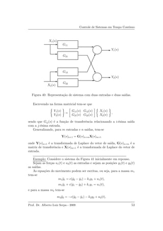 Controle de Sistemas em Tempo Cont´ınuo
X1(s)
X2(s)
Y1(s)
Y2(s)
G11
G12
G21
G22
Figura 40: Representa¸c˜ao de sistema com duas entradas e duas sa´ıdas.
Escrevendo na forma matricial tem-se que
Y1(s)
Y2(s)
=
G11(s) G12(s)
G21(s) G22(s)
X1(s)
X2(s)
,
sendo que Gij(s) ´e a fun¸c˜ao de transferˆencia relacionando a i-´esima sa´ıda
com a j-´esima entrada.
Generalizando, para m entradas e n sa´ıdas, tem-se
Y(s)n×1 = G(s)n×mX(s)m×1
onde Y(s)n×1 ´e a transformada de Laplace do vetor de sa´ıda, G(s)n×m ´e a
matriz de transferˆencia e X(s)m×1 ´e a transformada de Laplace do vetor de
entrada.
Exemplo: Considere o sistema da Figura 41 inicialmente em repouso.
Sejam as for¸cas u1(t) e u2(t) as entradas e sejam as posi¸c˜oes y1(t) e y2(t)
as sa´ıdas.
As equa¸c˜oes do movimento podem ser escritas, ou seja, para a massa m1
tem-se
m1 ¨y1 = c( ˙y2 − ˙y1) − k1y1 + u1(t),
m1 ¨y1 + c( ˙y1 − ˙y2) + k1y1 = u1(t),
e para a massa m2 tem-se
m2 ¨y2 = −c( ˙y2 − ˙y1) − k2y2 + u2(t),
Prof. Dr. Alberto Luiz Serpa - 2009 53
 