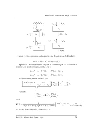 Controle de Sistemas em Tempo Cont´ınuo
k1
k2
c
m1
m1
m2
m2
y1
y2
u1(t)
u1(t)
u2(t)
u2(t)
k1x1
k2x2c( ˙x2 − ˙x1)
c( ˙x2 − ˙x1)
Figura 41: Sistema massa-mola-amortecedor de dois graus de liberdade.
m2 ¨y2 + c( ˙y2 − ˙y1) + k2y2 = u2(t).
Aplicando a transformada de Laplace `as duas equa¸c˜oes do movimento e
considerando condi¸c˜oes iniciais nulas tem-se
(m1s2
+ cs + k1)Y1(s) − csY2(s) = U1(s),
(m2s2
+ cs + k2)Y2(s) − csY1(s) = U2(s).
Matricialmente pode-se escrever que
m1s2
+ cs + k1 −cs
−cs m2s2
+ cs + k2
G−1
Y1(s)
Y2(s)
=
U1(s)
U2(s)
.
Portanto,
Y1(s)
Y2(s)
= G(s)
U1(s)
U2(s)
,
onde
G(s) =
1
(m1s2 + cs + k1)(m2s2 + cs + k2) − c2s2
m2s2
+ cs + k2 cs
cs m1s2
+ cs + k1
,
´e a matriz de transferˆencia, neste caso 2 × 2.
Prof. Dr. Alberto Luiz Serpa - 2009 54
 