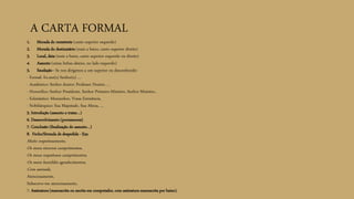 A CARTA FORMAL
1. Morada do remetente (canto superior esquerdo)
2. Morada do destinatário (mais a baixo, canto superior direito)
3. Local, data (mais a baixo, canto superior esquerdo ou direito)
4. Assunto (umas linhas abaixo, no lado esquerdo)
5. Saudação - Se nos dirigimos a um superior ou desconhecido:
- Formal: Ex.mo(a) Senhor(a) …
- Académico: Senhor doutor; Professor Doutor, …
- Honorífico: Senhor Presidente, Senhor Primeiro-Ministro, Senhor Ministro..
- Eclesiástico: Monsenhor, Vossa Eminência,
- Nobiliárquico: Sua Majestade, Sua Alteza, …
5. Introdução (assunto a tratar…)
6. Desenvolvimento (pormenores)
7. Conclusão (finalização do assunto…)
8. Fecho/fórmula de despedida - Exs:
Muito respeitosamente,
Os meus sinceros cumprimentos,
Os meus respeitosos cumprimentos,
Os meus humildes agradecimentos,
Com amizade,
Atenciosamente,
Subscrevo-me atenciosamente,
7. Assinatura (manuscrita ou escrita em computador, com assinatura manuscrita por baixo).
 