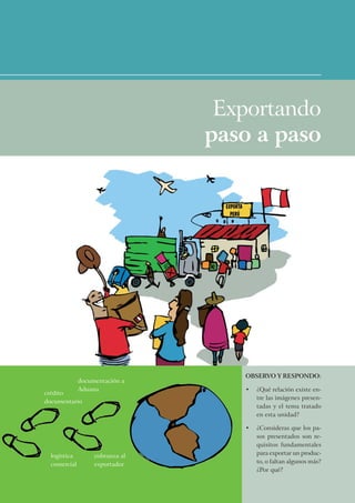 Exportando
                                 paso a paso




                                    OBSERVO Y RESPONDO:
              documentación a
              Aduana                •   ¿Qué relación existe en-
crédito
                                        tre las imágenes presen-
documentario
                                        tadas y el tema tratado
                                        en esta unidad?

                                    •   ¿Consideras que los pa-
                                        sos presentados son re-
                                        quisitos fundamentales
  logística        cobranza al          para exportar un produc-
  comercial        exportador           to, o faltan algunos más?
                                        ¿Por qué?
 