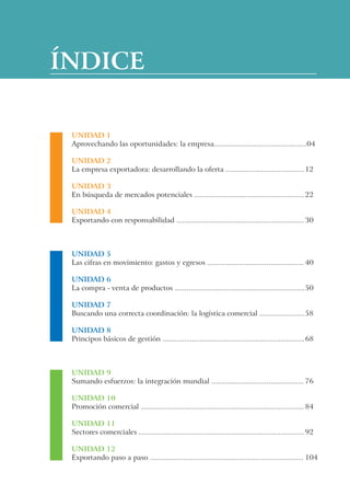 ÍNDICE

 UNIDAD 1
 Aprovechando las oportunidades: la empresa...............................................04

 UNIDAD 2
 La empresa exportadora: desarrollando la oferta ........................................ 12

 UNIDAD 3
 En búsqueda de mercados potenciales ........................................................ 22

 UNIDAD 4
 Exportando con responsabilidad .................................................................30



 UNIDAD 5
 Las cifras en movimiento: gastos y egresos ................................................. 40

 UNIDAD 6
 La compra - venta de productos ..................................................................50

 UNIDAD 7
 Buscando una correcta coordinación: la logística comercial .......................58

 UNIDAD 8
 Principos básicos de gestión ........................................................................ 68



 UNIDAD 9
 Sumando esfuerzos: la integración mundial ............................................... 76

 UNIDAD 10
 Promoción comercial ................................................................................... 84

 UNIDAD 11
 Sectores comerciales .................................................................................... 92

 UNIDAD 12
 Exportando paso a paso .............................................................................. 104

                                                                                                         3
 