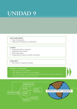 UNIDAD 9



  ¿QUÉ APRENDERÉ?
  • Tipos de integración.
  • Negociaciones bilaterales y multilaterales.



  ¿CÓMO?
  • Analizando gráficos estadísticos.
  • Estudiando casos actuales.
  • Observando mapas.
  • Comparando los diversos acuerdos comerciales.



  ¿PARA QUÉ?
  • Para valorar la integración mundial.



  OBSERVO Y RESPONDO:
  • ¿Qué observas en las imágenes?
  • ¿Qué significado le puedes dar a las imágenes?
  • ¿Crees que un trabajo o meta puede desarrollarse mejor si existe un grupo u organización
    con el mismo objetivo en mente? ¿Por qué?




                         MERCOSUR

                         CAN               Unión
                                           Europea               Comercio exterior= integración
Multilateral             APEC

                                       ALADI
                         NAFTA
 