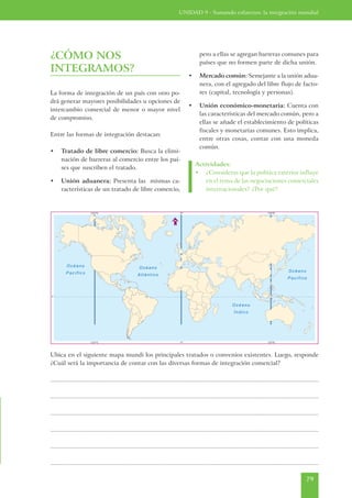 UNIDAD 9 - Sumando esfuerzos: la integración mundial




¿CÓMO NOS                                                                                  pero a ellas se agregan barreras comunes para
                                                                                           países que no formen parte de dicha unión.
INTEGRAMOS?
                                                                                    •      Mercado común: Semejante a la unión adua-
                                                                                           nera, con el agregado del libre flujo de facto-
La forma de integración de un país con otro po-                                            res (capital, tecnología y personas).
drá generar mayores posibilidades u opciones de
                                                                                    •      Unión económico-monetaria: Cuenta con
intercambio comercial de menor o mayor nivel
                                                                                           las características del mercado común, pero a
de compromiso.
                                                                                           ellas se añade el establecimiento de políticas
                                                                                           fiscales y monetarias comunes. Esto implica,
Entre las formas de integración destacan:
                                                                                           entre otras cosas, contar con una moneda
                                                                                           común.
•     Tratado de libre comercio: Busca la elimi-
      nación de barreras al comercio entre los paí-
                                                                                        Actividades:
      ses que suscriben el tratado.
                                                                                        • ¿Consideras que la política exterior influye
•     Unión aduanera: Presenta las mismas ca-                                               en el tema de las negociaciones comerciales
      racterísticas de un tratado de libre comercio,                                        internacionales? ¿Por qué?




Ubica en el siguiente mapa mundi los principales tratados o convenios existentes. Luego, responde
¿Cuál será la importancia de contar con las diversas formas de integración comercial?

....................................................................................................................................................................

....................................................................................................................................................................

....................................................................................................................................................................

....................................................................................................................................................................

....................................................................................................................................................................

....................................................................................................................................................................

                                                                                                                                                            79
 