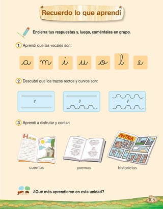 Encierra tus respuestas y, luego, coméntalas en grupo.
¿Qué más aprendieron en esta unidad?
Recuerdo lo que aprendí
1 Aprendí que las vocales son:
2 Descubrí que los trazos rectos y curvos son:
3 Aprendí a disfrutar y contar:
105
cuentos poemas historietas
_a m _i _u _o _l _e
y y y
 