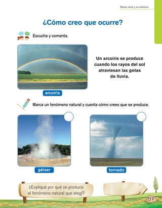 Seres vivos y su entorno
¿Expliqué por qué se produce
el fenómeno natural que elegí?
Escucha y comenta.
¿Cómo creo que ocurre?
Marca un fenómeno natural y cuenta cómo crees que se produce.
Un arcoíris se produce
cuando los rayos del sol
atraviesan las gotas
de lluvia.
arcoíris
géiser tornado
137
 