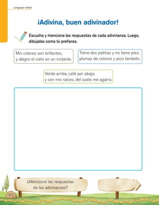 Lenguaje verbal
Escucha y menciona las respuestas de cada adivinanza. Luego,
dibújalas como tú prefieras.
¡Adivina, buen adivinador!
¿Mencioné las respuestas
de las adivinanzas?
80
Mis colores son brillantes,
y alegro el cielo en un instante.
Tiene dos patitias y no tiene pies;
plumas de colores y pico también.
Verde arriba, café por abajo,
y con mis raíces, del suelo me agarro.
 