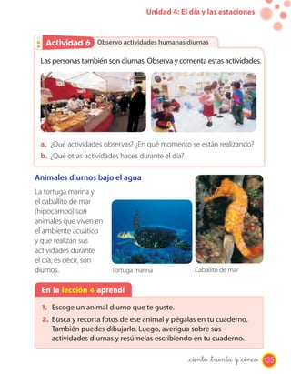 Unidad 4: El día y las estaciones
Observo actividades humanas diurnasActividad 2Actividad 6
Las personas también son diurnas. Observa y comenta estas actividades.
a. ¿Qué actividades observas? ¿En qué momento se están realizando?
b. ¿Qué otras actividades haces durante el día?
Animales diurnos bajo el agua
La tortuga marina y
el caballito de mar
(hipocampo) son
animales que viven en
el ambiente acuático
y que realizan sus
actividades durante
el día, es decir, son
diurnos.
En la lección 4 aprendí
1. Escoge un animal diurno que te guste.
2. Busca y recorta fotos de ese animal y pégalas en tu cuaderno.
También puedes dibujarlo. Luego, averigua sobre sus
actividades diurnas y resúmelas escribiendo en tu cuaderno.
Tortuga marina Caballito de mar
135_ciento _treinta y _cinco
 