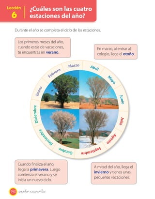 Lección
6
¿Cuáles son las cuatro
estaciones del año?
Durante el año se completa el ciclo de las estaciones.
Los primeros meses del año,
cuando estás de vacaciones,
te encuentras en verano.
Cuando finaliza el año,
llega la primavera. Luego
comienza el verano y se
inicia un nuevo ciclo.
En marzo, al entrar al
colegio, llega el otoño.
A mitad del año, llega el
invierno y tienes unas
pequeñas vacaciones.
Julio
Agos
to
SeptiembreOctubre
No
viem
bre
DiciembreEnero
Febrero
Marzo Abril
M
ayo
Junio
140 _ciento _cuarenta
 