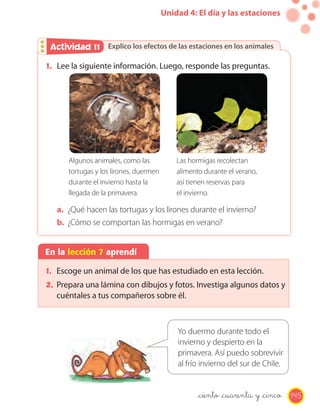 Unidad 4: El día y las estaciones
Explico los efectos de las estaciones en los animalesExplico los efectos de las estaciones en los animalesActividad 2Actividad 11
En la lección 7 aprendí
1. Escoge un animal de los que has estudiado en esta lección.
2. Prepara una lámina con dibujos y fotos. Investiga algunos datos y
cuéntales a tus compañeros sobre él.
1. Lee la siguiente información. Luego, responde las preguntas.
a. ¿Qué hacen las tortugas y los lirones durante el invierno?
b. ¿Cómo se comportan las hormigas en verano?
Algunos animales, como las
tortugas y los lirones, duermen
durante el invierno hasta la
llegada de la primavera.
Las hormigas recolectan
alimento durante el verano,
así tienen reservas para
el invierno.
Yo duermo durante todo el
invierno y despierto en la
primavera. Así puedo sobrevivir
al frío invierno del sur de Chile.
145_ciento _cuarenta y _cinco
 