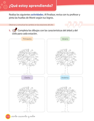 ¿Qué estoy aprendiendo?
Observar y comunicar los cambios en las estaciones del año
1. Completa los dibujos con las características del árbol y del
cielo para cada estación.
Realiza las siguientes actividades. Al finalizar, revisa con tu profesor y
pinta las huellas de Monti según tus logros.
Primavera
Otoño
Verano
Invierno
148 _ciento _cuarenta y _ocho
 