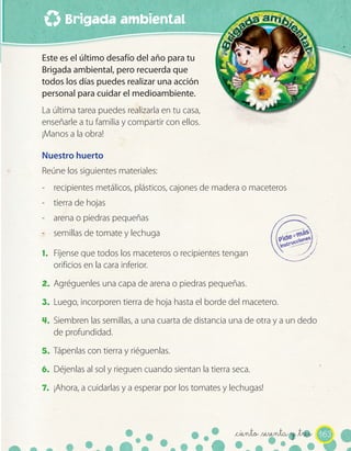 Brigada ambiental
163
Este es el último desafío del año para tu
Brigada ambiental, pero recuerda que
todos los días puedes realizar una acción
personal para cuidar el medioambiente.
La última tarea puedes realizarla en tu casa,
enseñarle a tu familia y compartir con ellos.
¡Manos a la obra!
Nuestro huerto
Reúne los siguientes materiales:
- recipientes metálicos, plásticos, cajones de madera o maceteros
- tierra de hojas
- arena o piedras pequeñas
- semillas de tomate y lechuga
1. Fíjense que todos los maceteros o recipientes tengan
orificios en la cara inferior.
2. Agréguenles una capa de arena o piedras pequeñas.
3. Luego, incorporen tierra de hoja hasta el borde del macetero.
4. Siembren las semillas, a una cuarta de distancia una de otra y a un dedo
de profundidad.
5. Tápenlas con tierra y riéguenlas.
6. Déjenlas al sol y rieguen cuando sientan la tierra seca.
7. ¡Ahora, a cuidarlas y a esperar por los tomates y lechugas!
_ciento _sesenta y _tres
 