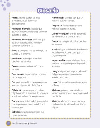 164
En esta sección, podrás encontrar algunos de los conceptos más importantes
tratados en el texto. Búscalos en orden alfabético.
_ciento _sesenta y _cuatro
Alas: parte del cuerpo de aves
e insectos, sirven para volar,
generalmente.
Animales diurnos: aquellos que
están activos durante el día y duermen
durante la noche.
Animales nocturnos: animales que
están activos durante la noche y
duermen durante el día.
Aseo: acción para mantener limpio tu
cuerpo y tu entorno.
Audición: sentido por el cual se
perciben los sonidos.
Crecer: aumento de tamaño de un
ser vivo.
Desplazarse: capacidad de moverse
de un lugar a otro.
Día: período de 24 horas que equivale
a un giro de rotación de la Tierra.
Dilatación: proceso por el cual un
objeto o material aumenta de volumen
al aplicar cambios de temperaturas.
Dureza: característica de los materiales
que impiden que sean dañados por
otro cuerpo.
Estrella: cuerpo en el universo que
posee luz propia.
Flexibilidad: facilidad con que un
material puede doblarse.
Fragilidad: facilidad con que un
material puede destruirse.
Globo terráqueo: una de las formas
de representar el planeta Tierra.
Gusto: sentido por el cual se perciben
los sabores.
Hábitat: lugar o ambiente donde están
todas las condiciones para que un
organismo viva.
Impermeable: capacidad que tiene un
material de impedir que un líquido lo
atraviese.
Lengua: órgano encargado del sentido
del gusto que se encuentra en el
interior de la boca.
Luna: único satélite natural que posee
la Tierra.
Mañana: primera parte del día, se
inicia con el amanecer y culmina con el
mediodía.
Material: elemento con el cual está
hecho o construido un determinado
objeto.
Glosario
 