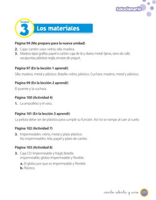 171
Solucionario
Los materiales
3
Unidad
Página 94 (Me preparo para la nueva unidad)
2. Cajas: cartón; vaso: vidrio; silla: madera.
3. Madera: lápiz grafito; papel o cartón: caja de té y diario; metal: tijeras, tarro de café,
sacapuntas; plástico: regla, envase de yogurt.
Página 97 (En la lección 1 aprendí)
Silla: madera, metal y plástico. Botella: vidrio, plástico. Cuchara: madera, metal y plástico.
Página 99 (En la lección 2 aprendí)
El puente y la cuchara.
Página 100 (Actividad 4)
1. La ampolleta y el vaso.
Página 101 (En la lección 3 aprendí)
La pelota debe ser de plástico para cumplir su función. Así no se rompe al caer al suelo.
Página 102 (Actividad 7)
3. Impermeables: vidrio, metal y plato plástico.
No impermeables: tela, papel y plato de cartón.
Página 103 (Actividad 8)
3. Caja CD: Impermeable y frágil; Botella:
impermeable; globo: Impermeable y flexible.
a. El globo por que es impermeable y flexible.
b. Plástico.
_ciento _setenta y _uno
 