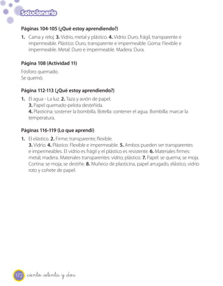172
Solucionario
Páginas 104-105 (¿Qué estoy aprendiendo?)
1. Cama y reloj. 3. Vidrio, metal y plástico. 4. Vidrio: Duro, frágil, transparente e
impermeable. Plástico: Duro, transparente e impermeable. Goma: Flexible e
impermeable. Metal: Duro e impermeable. Madera: Dura.
Página 108 (Actividad 11)
Fósforo quemado.
Se quemó.
Página 112-113 (¿Qué estoy aprendiendo?)
1. El agua - La luz. 2. Taza y avión de papel.
3. Papel quemado-pelota desteñida.
4. Plasticina: sostener la bombilla. Botella: contener el agua. Bombilla: marcar la
temperatura.
Páginas 116-119 (Lo que aprendí)
1. El elástico. 2. Firme; transparente; flexible.
3. Vidrio. 4. Plástico. Flexible e impermeable. 5. Ambos pueden ser transparentes
e impermeables. El vidrio es frágil y el plástico es resistente. 6. Materiales firmes:
metal; madera. Materiales transparentes: vidrio; plástico. 7. Papel: se quema; se moja.
Cortina: se moja; se destiñe. 8. Muñeco de plasticina, papel arrugado, elástico, vidrio
roto y cohete de papel.
_ciento _setenta y _dos
 