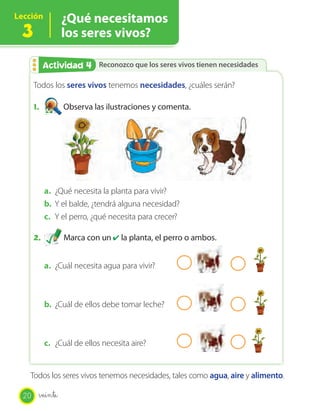 Lección ¿Qué necesitamos
los seres vivos?3
Reconozco que los seres vivos tienen necesidadesActividad 2Actividad 4
Todos los seres vivos tenemos necesidades, ¿cuáles serán?
1. Observa las ilustraciones y comenta.
a. ¿Qué necesita la planta para vivir?
b. Y el balde, ¿tendrá alguna necesidad?
c. Y el perro, ¿qué necesita para crecer?
2. Marca con un ✔ la planta, el perro o ambos.
a. ¿Cuál necesita agua para vivir?
b. ¿Cuál de ellos debe tomar leche?
c. ¿Cuál de ellos necesita aire?
Todos los seres vivos tenemos necesidades, tales como agua, aire y alimento.
20 veinte
 